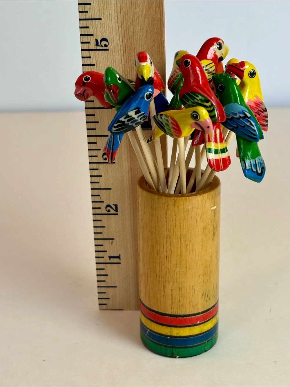 Hand-Painted Wooden Parrot Cocktail Picks with Bamboo Holder Set of 12 Tropical